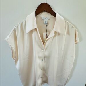 Rachel Zoe Ivory Silky Satin Cap Sleeve Button Down Blouse, Woman’s Med, NWT